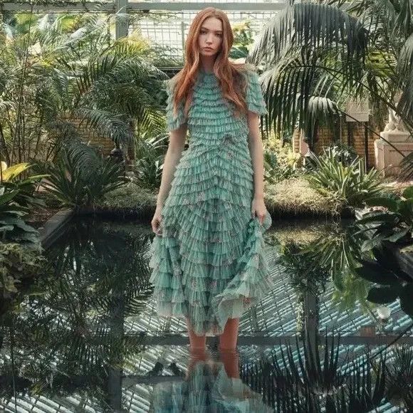 Mac Duggal 8014 Green Floral Mesh Ruffle High Neck Midi Dress NWT $798 - Picture 1 of 9